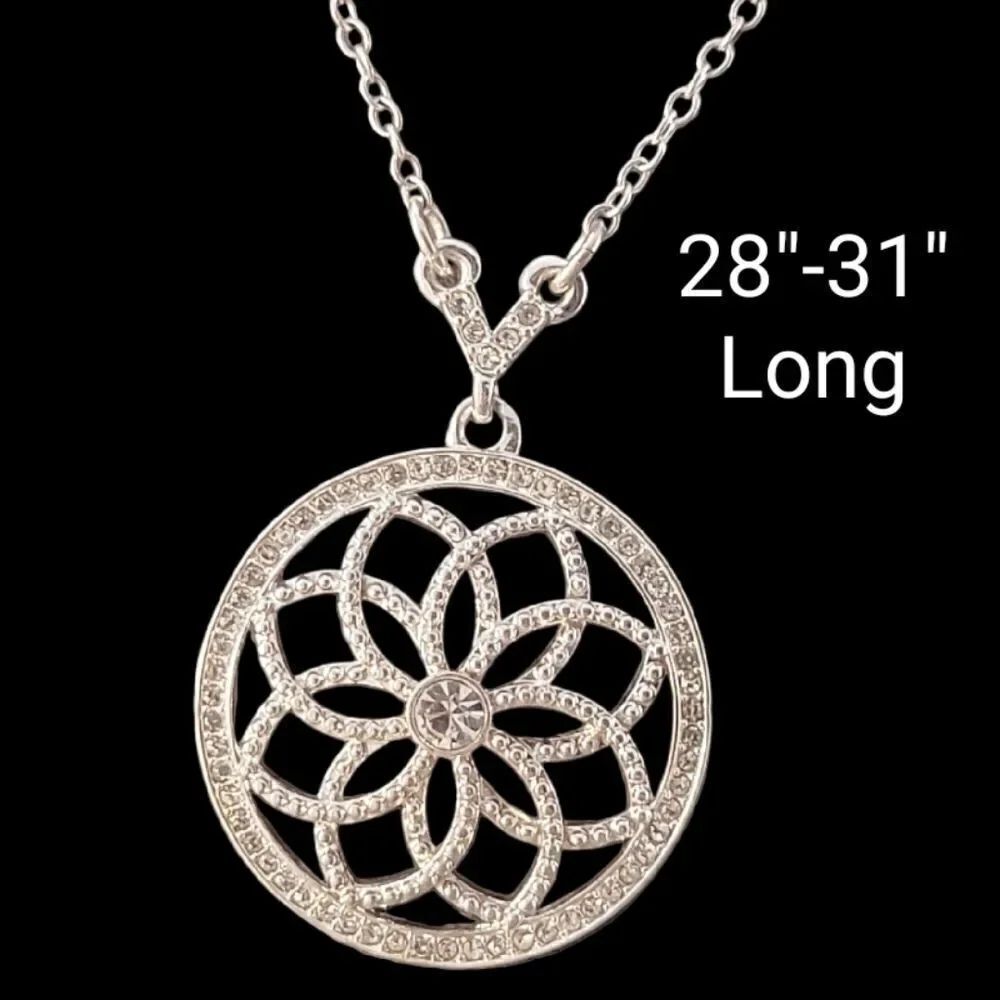 Clear Crystal Round Long Openwork Pendant Necklace